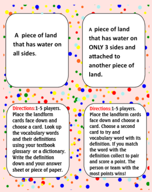 Land forms Glossary Dig and Memory Match Activity Center